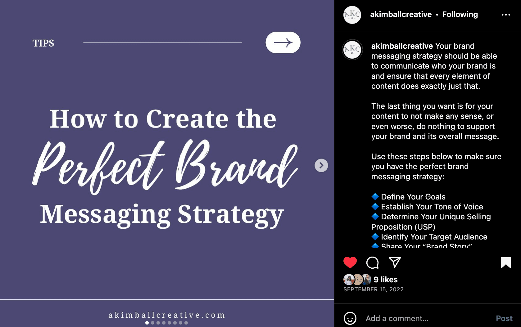 AKimball Creative Instagram post: HOW TO CREATE THE PERFECT BRAND MESSAGING STRATEGY