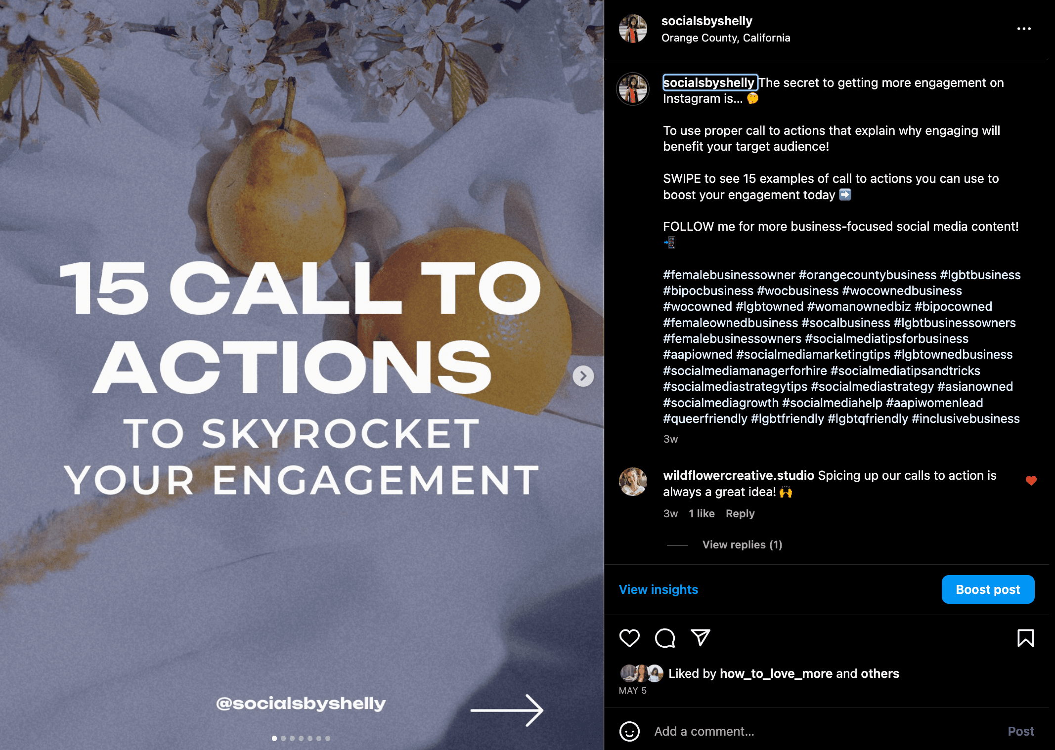 Socials by Shelly Instagram post: 15 CALL TO ACTIONS TO SKYROCKET YOUR ENGAGEMENT